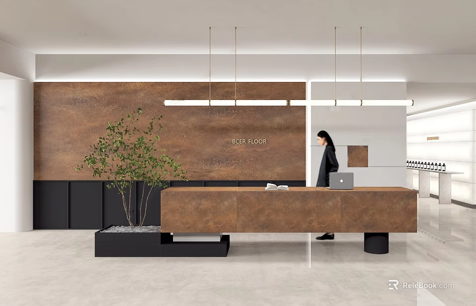 Modern Reception Desk With Brown Wooden Top Green Plant And Hanging Lights 3d model 