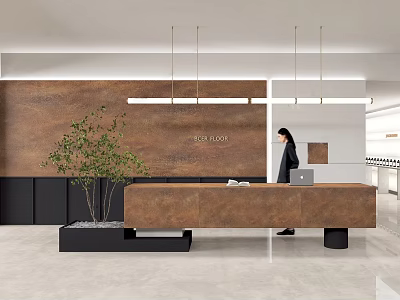 Modern Reception Desk With Brown Wooden Top Green Plant And Hanging Lights 3d model