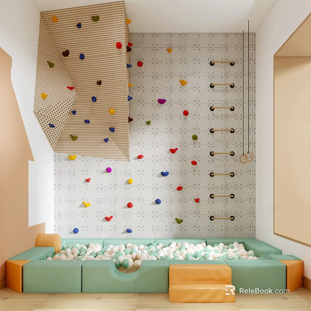 Indoor Sports Equipment Featuring Climbing Wall With Colorful Holds Climbing Bars and Ball Pit 3d model 