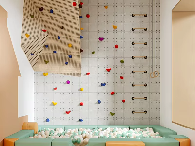 Indoor Sports Equipment Featuring Climbing Wall With Colorful Holds Climbing Bars and Ball Pit 3d model