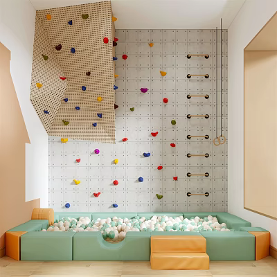 Indoor Sports Equipment Featuring Climbing Wall With Colorful Holds Climbing Bars and Ball Pit 3d model