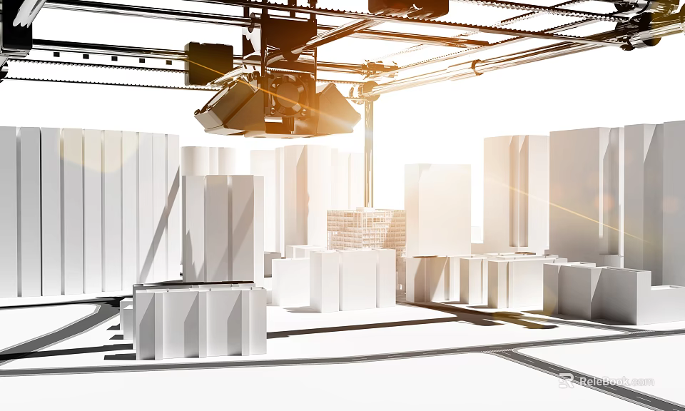 Cartoon City Scene With White Cuboid Buildings Mechanical Crane Structure And Sunlight Effects 3d model 