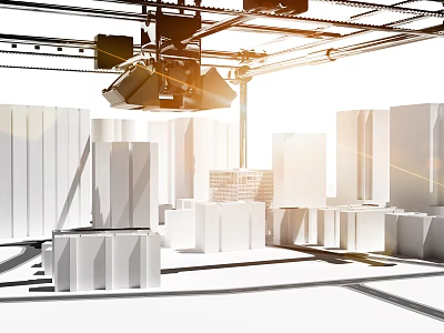 Cartoon City Scene With White Cuboid Buildings Mechanical Crane Structure And Sunlight Effects 3d model