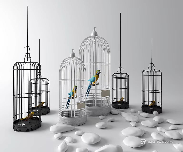 Decorative Ornament Set with Multiple Birdcages Colorful Parrots and White Pebbles 3d model 