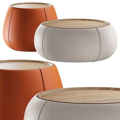 Modern Round Orange and White Coffee Table with Wooden Top and Leather Sides Design 3d model