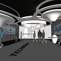 Futuristic Technology Exhibition Hall With Modern Design Circular Ceiling Display Screens And Visitors