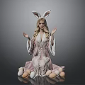 Easter Themed Scene With Woman In Pink Robe And Rabbit Ears Surrounded By Decorated Eggs