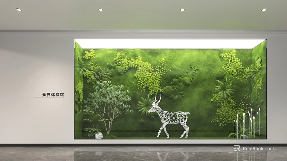Lush Garden Decoration with Green Plant Wall and White Metal Deer Sculpture 3d model 