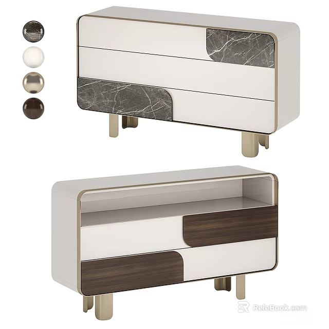 Elegant Modern Console Cabinet With Marble Panel Walnut Drawers And Metal Legs 3d model 