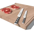 Practical Kitchen Tools With Wooden Cutting Board Two Knives And Raw Meat
