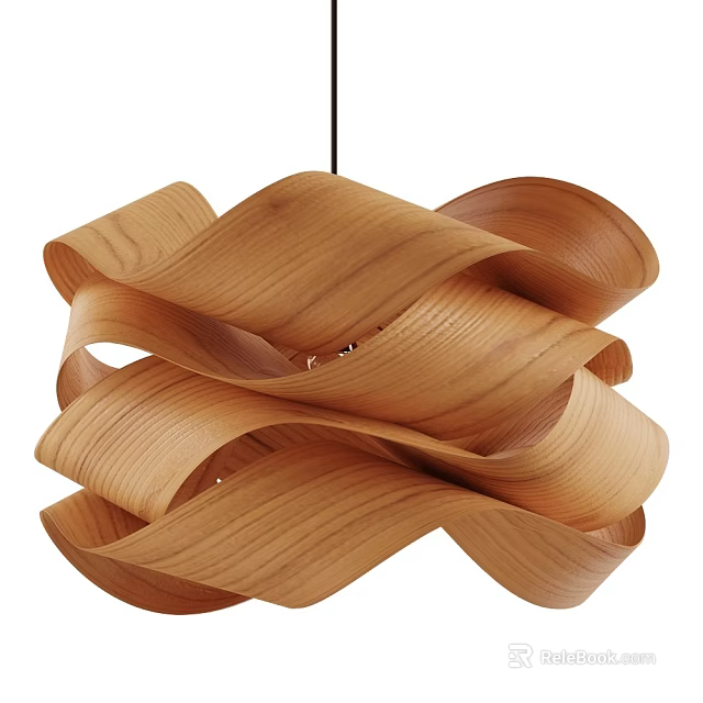 Wooden Pendant Light with Curved Spiral Wave Design Structure for Modern Interior Decoration 3d model 