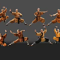 Men In Orange Robes Performing Various Martial Arts Poses With Reflections On Gray Background