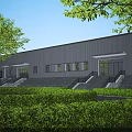 Modern Industrial Factory Building With Grey Metal Exterior Green Trees Shrubs Glass Doors And Windows