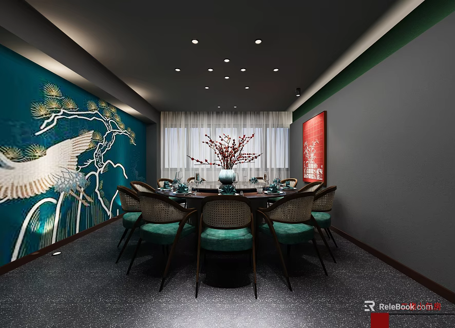 Elegant Private Dining Box Interior Featuring Blue Wall Crane Pine Pattern Round Table Green Chairs 3d model