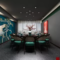 Elegant Private Dining Box Interior Featuring Blue Wall Crane Pine Pattern Round Table Green Chairs 3d model