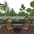 Courtyard Garden With Wooden Deck Outdoor Chairs Beige Cushions Small Round Table And Green Plants