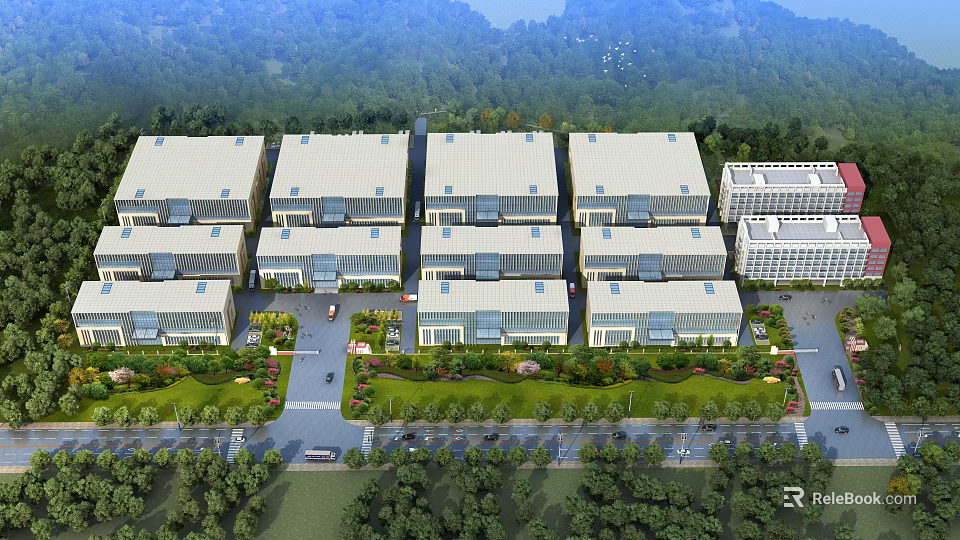 Aerial Planning of Neatly Arranged Building Complex with Greenery Roads Trees and Hills in Background 3d model 