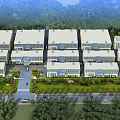 Aerial Planning of Neatly Arranged Building Complex with Greenery Roads Trees and Hills in Background