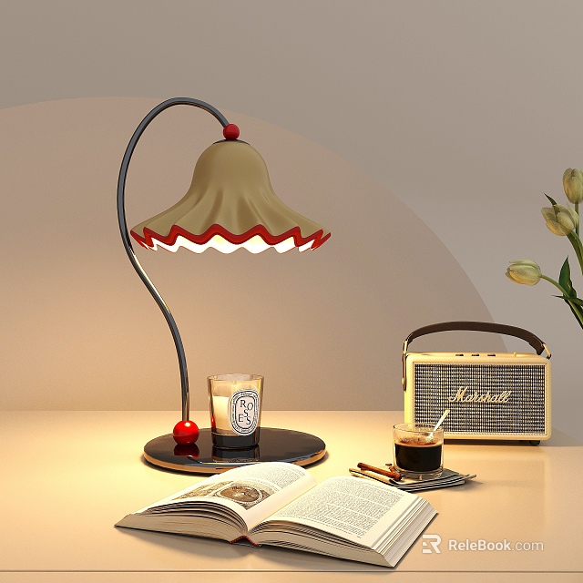 Vintage Curved Black Table Lamp with Beige Red Ruffled Lampshade Retro Radio Open Book Coffee 3d model 