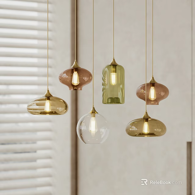 Modern Glass Pendant Lights With Gold Accents In Various Colors And Shapes For Room Decor 3d model 