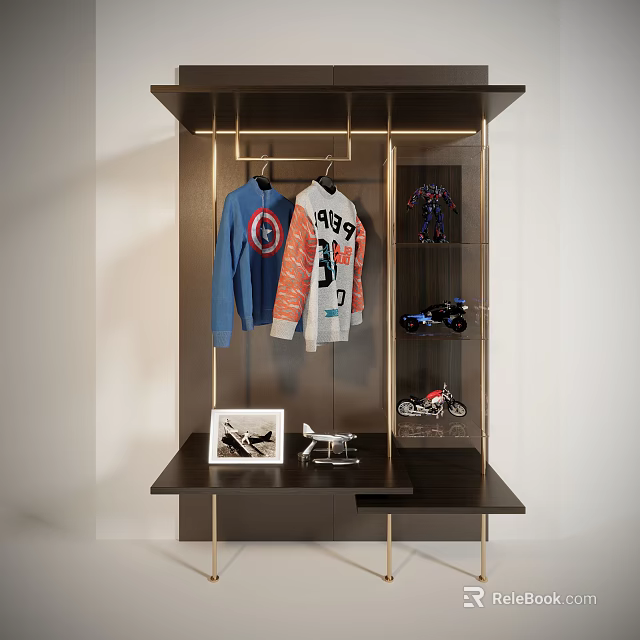 Dark Brown Storage Display Shelf With Golden Frame Hanging Clothes Model Toys And Photo Frame 3d model 