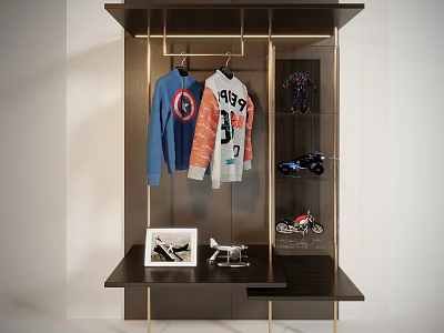 Dark Brown Storage Display Shelf With Golden Frame Hanging Clothes Model Toys And Photo Frame 3d model