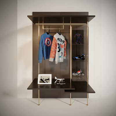 Dark Brown Storage Display Shelf With Golden Frame Hanging Clothes Model Toys And Photo Frame 3d model