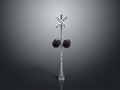 Railroad Crossing Signal With Warning Sign Red Lights And Metal Pole 3d model