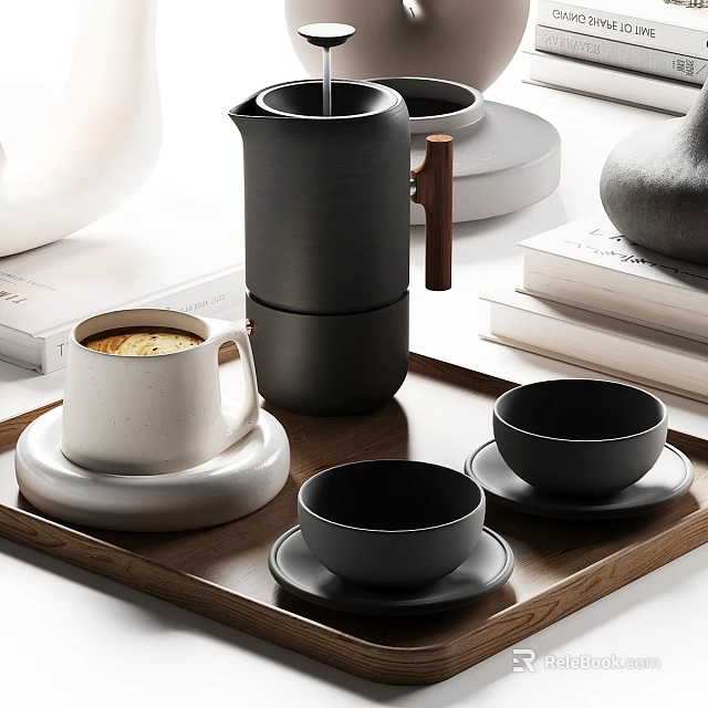 Modern Black and White Ceramic Tea Set with Cups Saucers and Teapot on Wooden Tray 3d model 