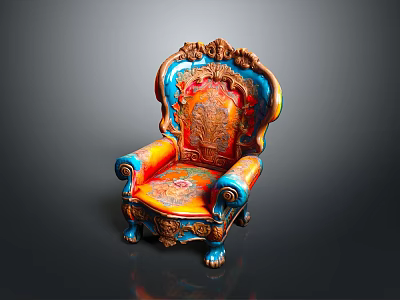 Colorful Ornate Chair With Intricate Carvings And Vintage Design Details 3d model