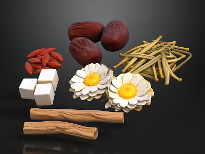 Traditional Chinese Medicine Ingredients With Red Dates Goji Berries Chrysanthemum And Cinnamon 3d model