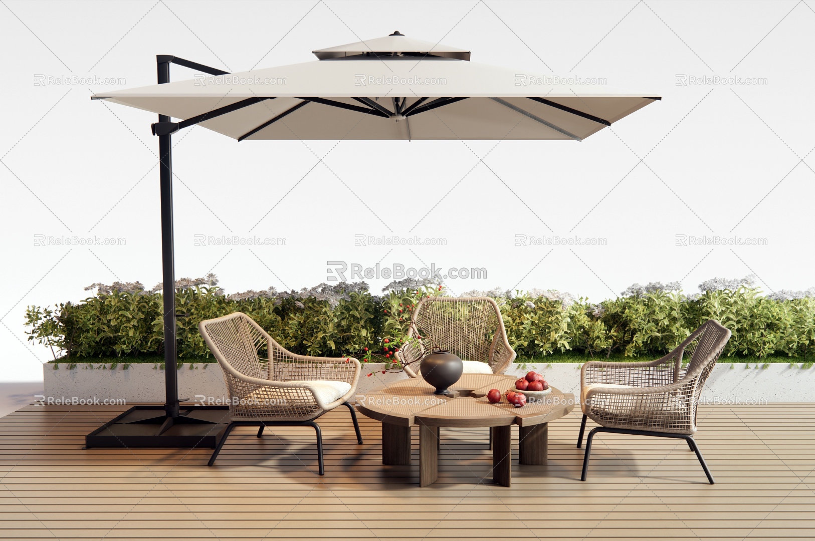 Modern Outdoor Leisure Table and Chair Rattan Outdoor Chair Vase Ornaments Plant Flower Box Green Plant 3d model