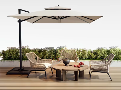 Wicker Outdoor Chairs With Round Table And Umbrella On Wooden Deck With Green Plants 3d model