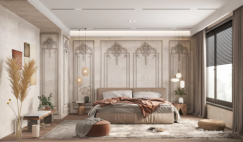 Ornate Bedroom Interior With Paneled Walls Hanging Pendant Lights Bed Rug And Ottoman 3d model 