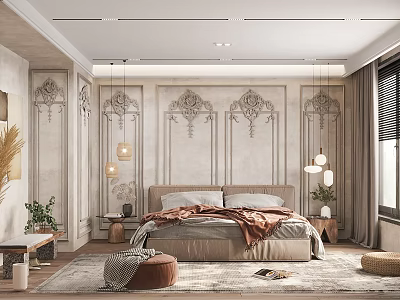 Ornate Bedroom Interior With Paneled Walls Hanging Pendant Lights Bed Rug And Ottoman 3d model