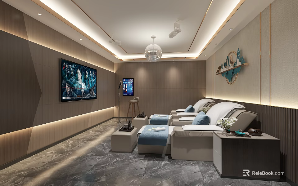 SPA Sauna Lounge Interior With Modern Sofas TV Wall Art Chandelier And Marble Floor 3d model 