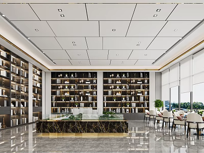 Modern Sales Office Interior With Large Bookshelves Central Display Counter And Comfortable Seating Area 3d model