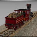 Red Steam Train With Wooden Log Loaded Carriage Traveling On Railway Tracks