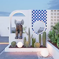 Outdoor Feature Wall With Blue White Checkered Pattern Circular Mirror Cacti And Green Plants