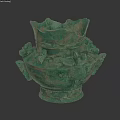 Ancient Green Bronze Landscape Sculpture With Carved Dragon Shaped Decorations And Wavy Rim
