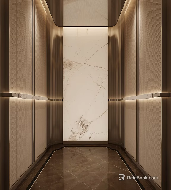 Modern Luxury Elevator Interior Featuring Marble Wall Metal Decor And Lighting Design 3d model 
