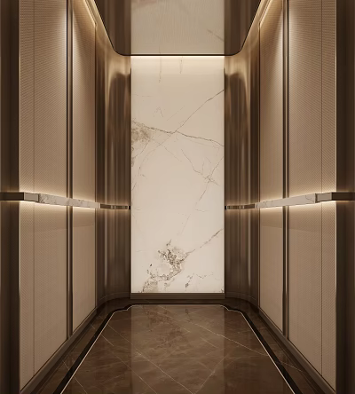 Modern Luxury Elevator Interior Featuring Marble Wall Metal Decor And Lighting Design 3d model
