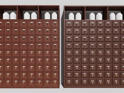 Traditional Medicine Cabinet With Wooden Drawers And White Bottles 3d model