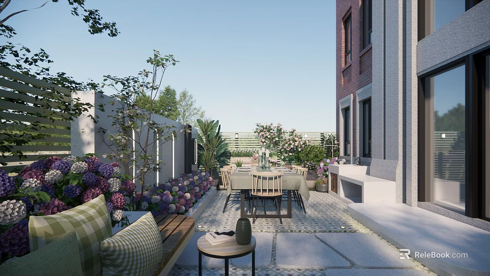 Beautiful Courtyard Garden With Lush Flowers Shrubs Dining Table And Stone Paving 3d model 