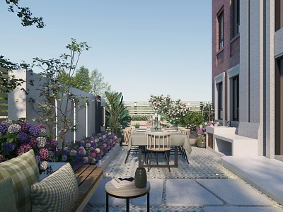 Beautiful Courtyard Garden With Lush Flowers Shrubs Dining Table And Stone Paving 3d model