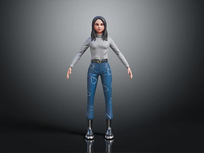 3D Female Character With Gray Turtleneck Blue Geometric Jeans And Silver Mechanical Legs 3d model