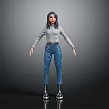 3D Female Character With Gray Turtleneck Blue Geometric Jeans And Silver Mechanical Legs