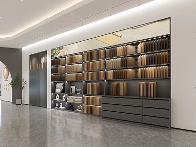 Modern Display Cabinet With Multiple Wooden Shelves Metal Frame And Storage Drawers For Home 3d model