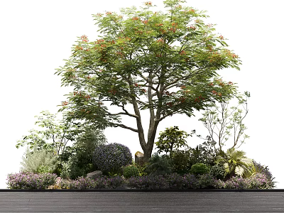 Lush Green Tree with Red Flowers Surrounded by Shrubs and Diverse Garden Plants 3d model