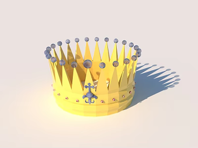 Ornate Yellow Crown Jewelry with Purple Gemstones on Spikes and Blue Decorative Patterns 3d model